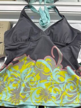 Gray & Aqua Floral Tankini Top with Yellow Accents